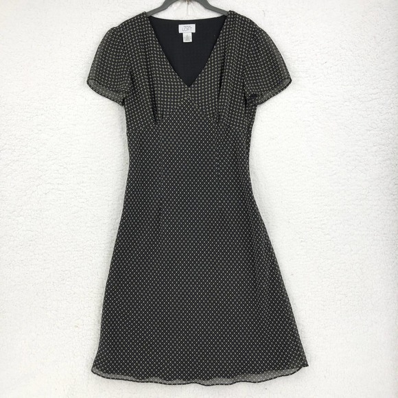 LOFT Dresses & Skirts - LOFT Womens 2 Black Tan Circles A Line Dress V-Neck Short Sleeve Tailored Lined